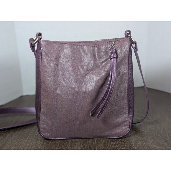 CALVIN KLEIN Messenger Crossbody Bag Metallic Plum Fabric Leather Zip Closure - Picture 4 of 8